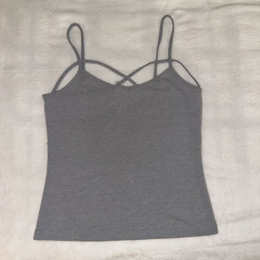 Wish & Whim Womens Medium Gray Cami Tank Top Strappy Cutout Neckline EUC